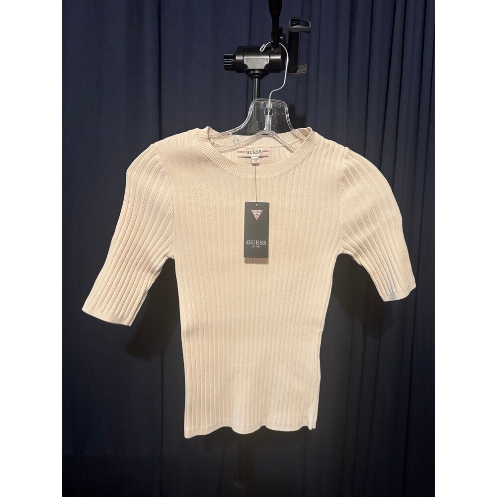 NWT GUESS Cream Ribbed Knit Short Sleeve Top Y2K Minimalist